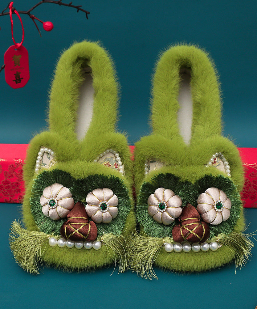 Green Fuzzy Wool Lined Retro Splicing Flat Shoes Embroidery Tq042