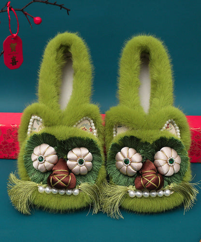 Green Fuzzy Wool Lined Retro Splicing Flat Shoes Embroidery Tq042