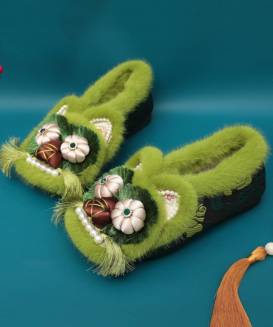 Green Fuzzy Wool Lined Retro Splicing Flat Shoes Embroidery Tq042