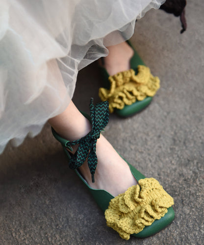 Green Knit Splicing Genuine Leather Cross Strap Flats Shoes Rt1031