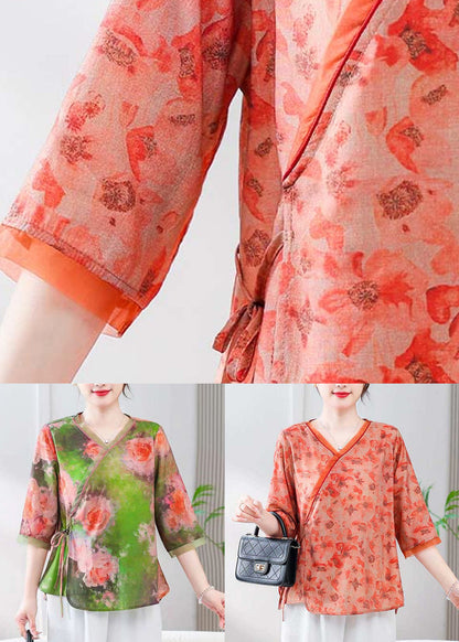 Green Lace Up Linen Blouses V Neck Summer Re051