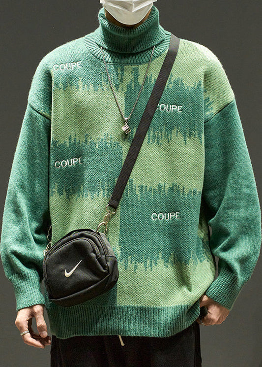 Green Letter Loose Knit Sweater Turtleneck Winter Rj042