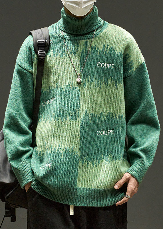 Green Letter Loose Knit Sweater Turtleneck Winter Rj042