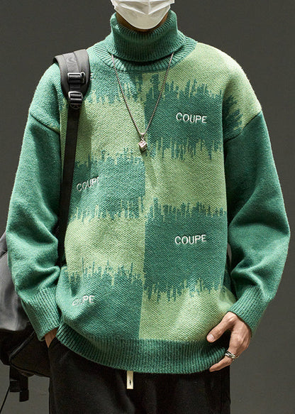 Green Letter Loose Knit Sweater Turtleneck Winter Rj042