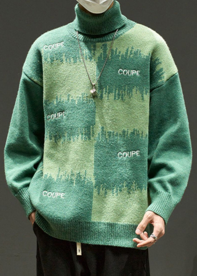 Green Letter Loose Knit Sweater Turtleneck Winter Rj042