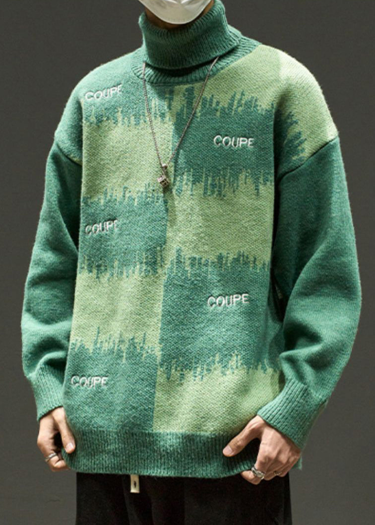 Green Letter Loose Knit Sweater Turtleneck Winter Rj042