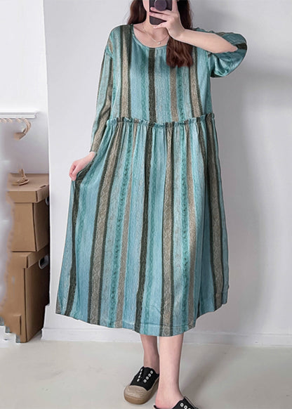 Green O-neck Ruffled Wrinkled Silk Cotto Maxi Dress Spring Vv040