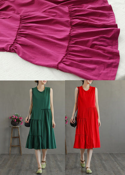 Unique Rose O-neck Wrinkled Cotton Maxi Dresses Sleeveless Tg1026