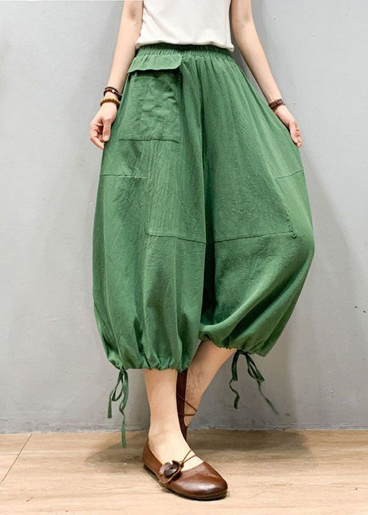 Green Patchwork Linen Lantern Pants Wrinkled Elastic Waist Summer Ly0612