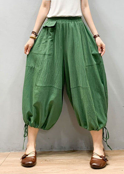 Green Patchwork Linen Lantern Pants Wrinkled Elastic Waist Summer Ly0612