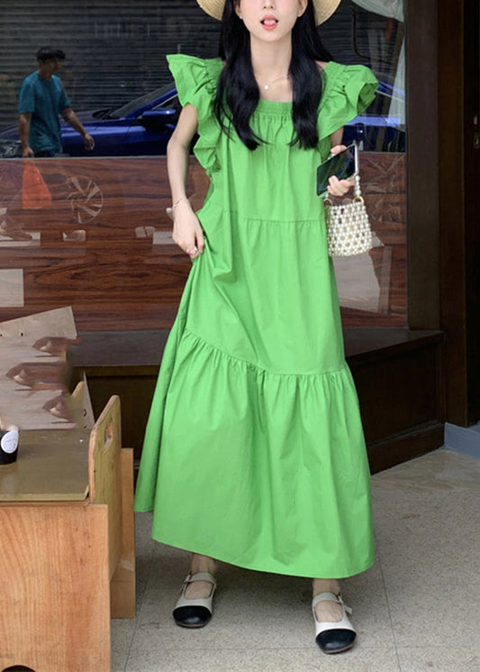 Green Patchwork Wrinkled Long Dresses Short Sleeve Lc0036