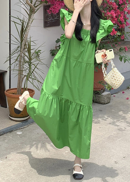 Green Patchwork Wrinkled Long Dresses Short Sleeve Lc0036