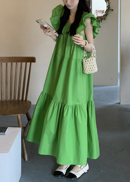 Green Patchwork Wrinkled Long Dresses Short Sleeve Lc0036