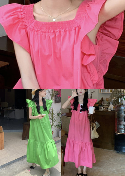 Green Patchwork Wrinkled Long Dresses Short Sleeve Lc0036