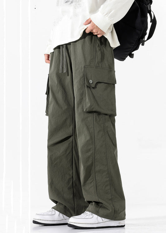 Pockets Pants Waist Spring Elastic Cotton Green