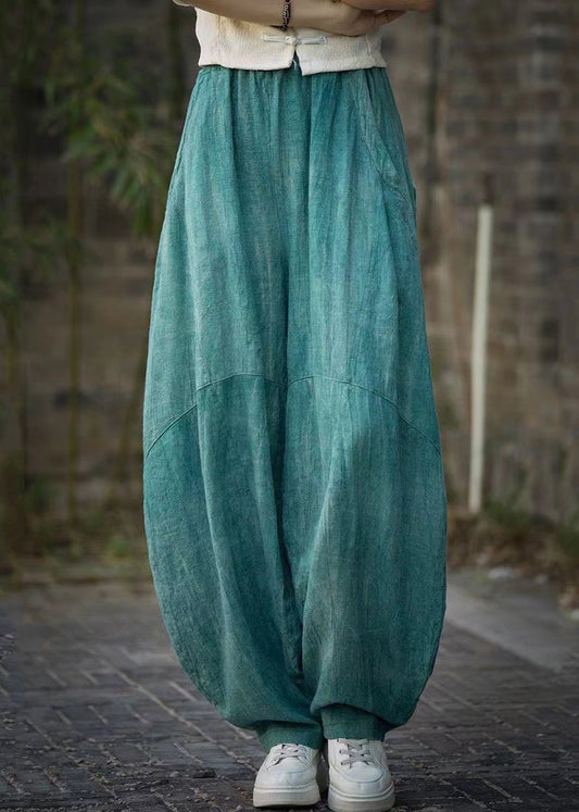 Green Pockets Linen Wide Leg Pants Elastic Waist Qe039