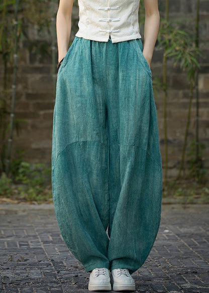 Green Pockets Linen Wide Leg Pants Elastic Waist Qe039