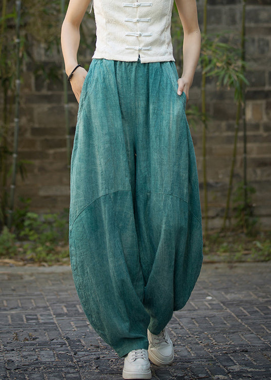 Green Pockets Linen Wide Leg Pants Elastic Waist Qe039