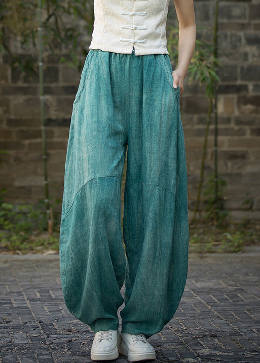 Green Pockets Linen Wide Leg Pants Elastic Waist Qe039