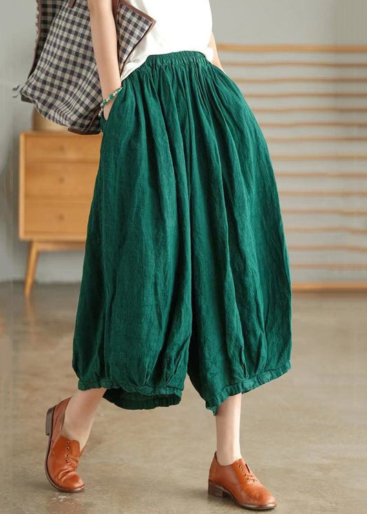 Green Pockets Linen Wide Leg Pants High Waist Summer Vv088