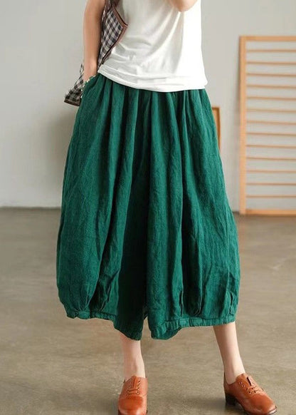 Green Pockets Linen Wide Leg Pants High Waist Summer Vv088