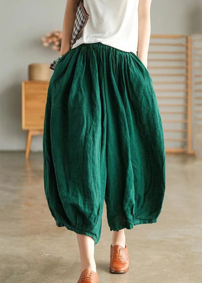 Green Pockets Linen Wide Leg Pants High Waist Summer Vv088