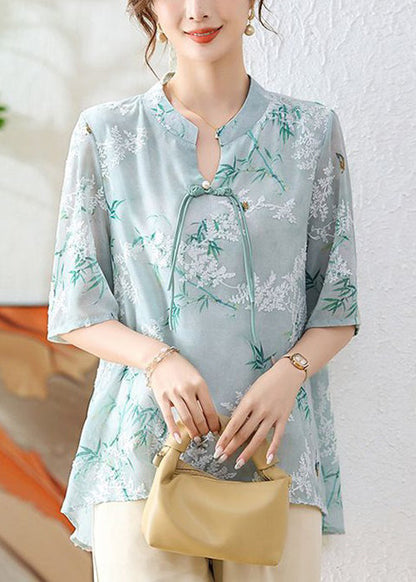 Green Print Chiffon Blouses Stand Collar Half Sleeve Au1067