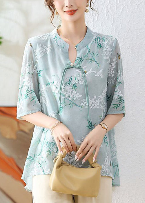 Green Print Chiffon Blouses Stand Collar Half Sleeve Au1067