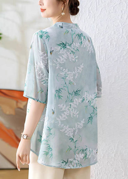 Green Print Chiffon Blouses Stand Collar Half Sleeve Au1067