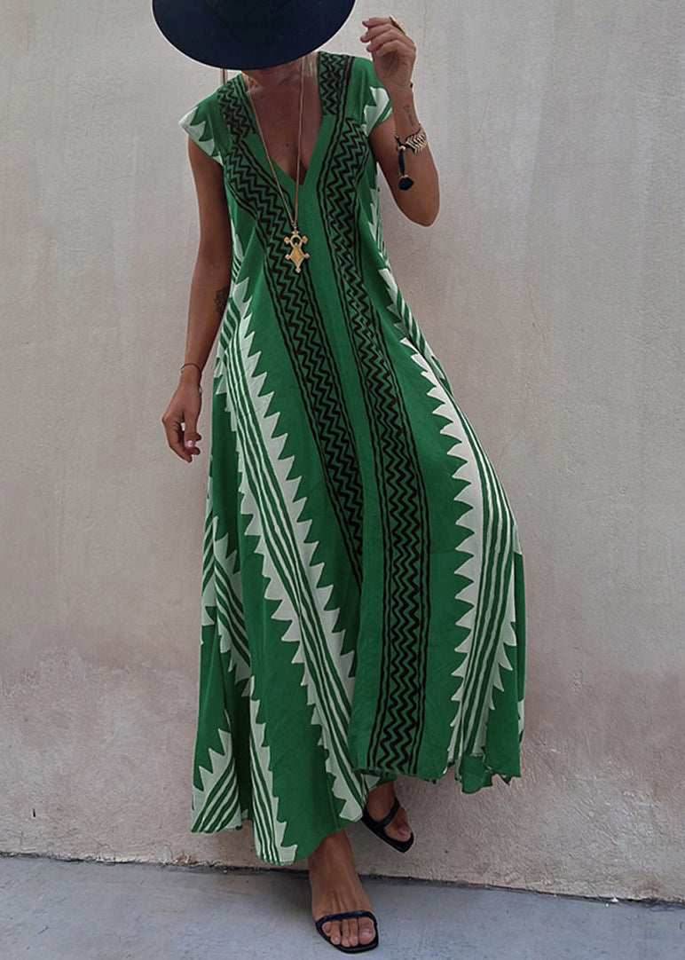Green Print Chiffon Long Dress Asymmetrical Summer Tl021