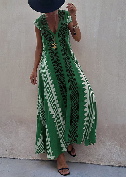 Green Print Chiffon Long Dress Asymmetrical Summer Tl021