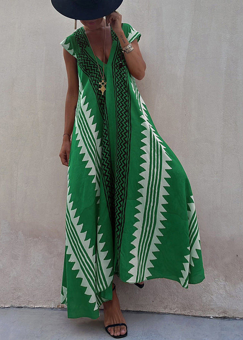 Green Print Chiffon Long Dress Asymmetrical Summer Tl021