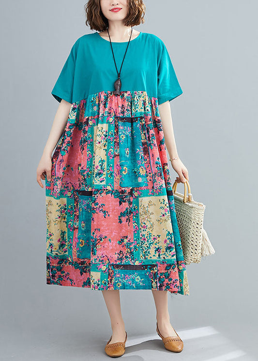 Green Print Cotton Maxi Dresses O-neck Oversized Summer Ly1490