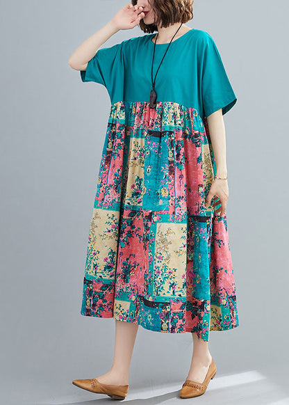 Green Print Cotton Maxi Dresses O-neck Oversized Summer Ly1490