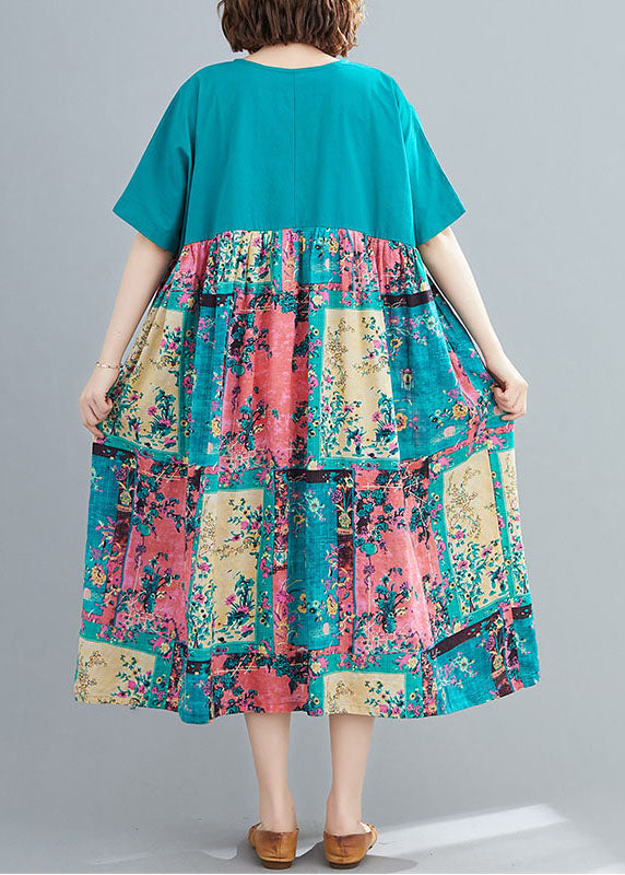 Green Print Cotton Maxi Dresses O-neck Oversized Summer Ly1490