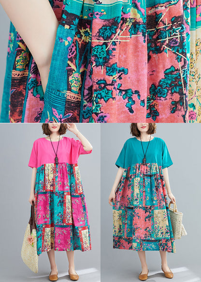 Green Print Cotton Maxi Dresses O-neck Oversized Summer Ly1490
