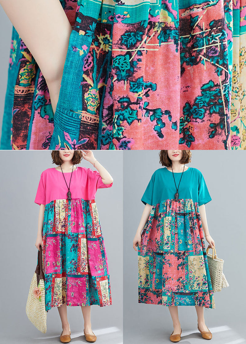 Green Print Cotton Maxi Dresses O-neck Oversized Summer Ly1490