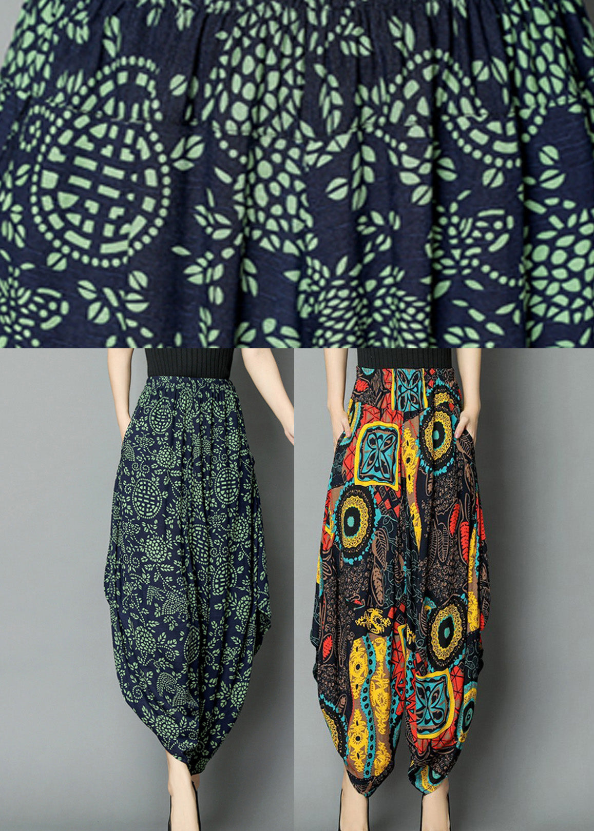 Yellow Pockets Print Elastic Waist Crop Pants Summer Tq1040