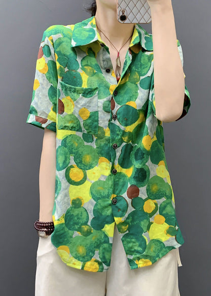 Green Print Pockets Cotton Blouse Peter Pan Collar Short Sleeve Au1040