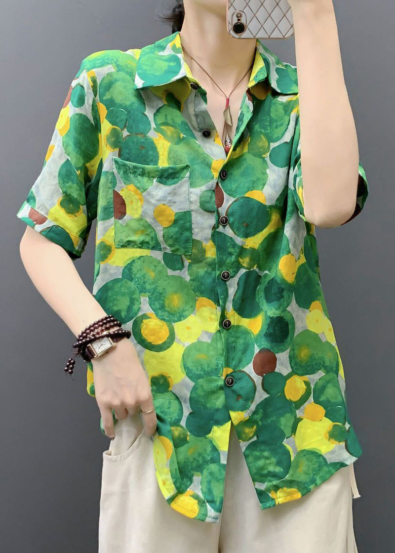 Green Print Pockets Cotton Blouse Peter Pan Collar Short Sleeve Au1040