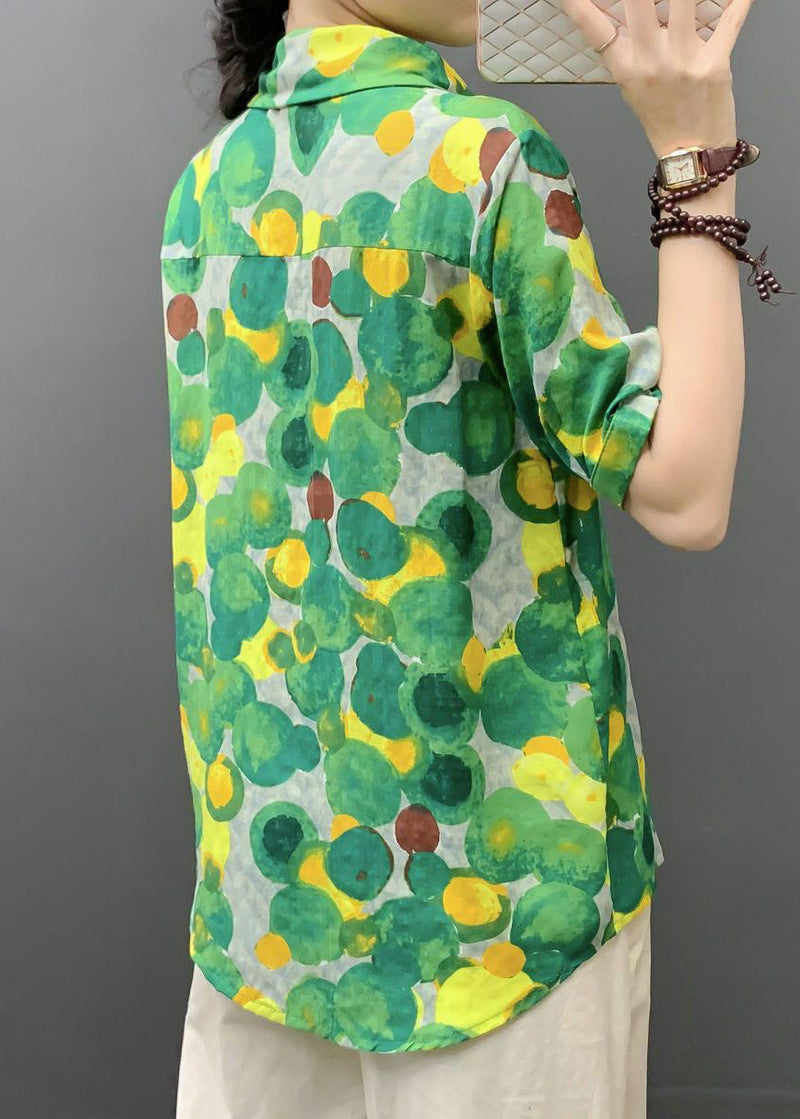 Green Print Pockets Cotton Blouse Peter Pan Collar Short Sleeve Au1040
