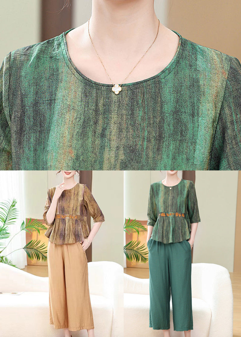 Loose Khaki Print Tops and Crop Pants Cotton Two Piece Set Summer Re030