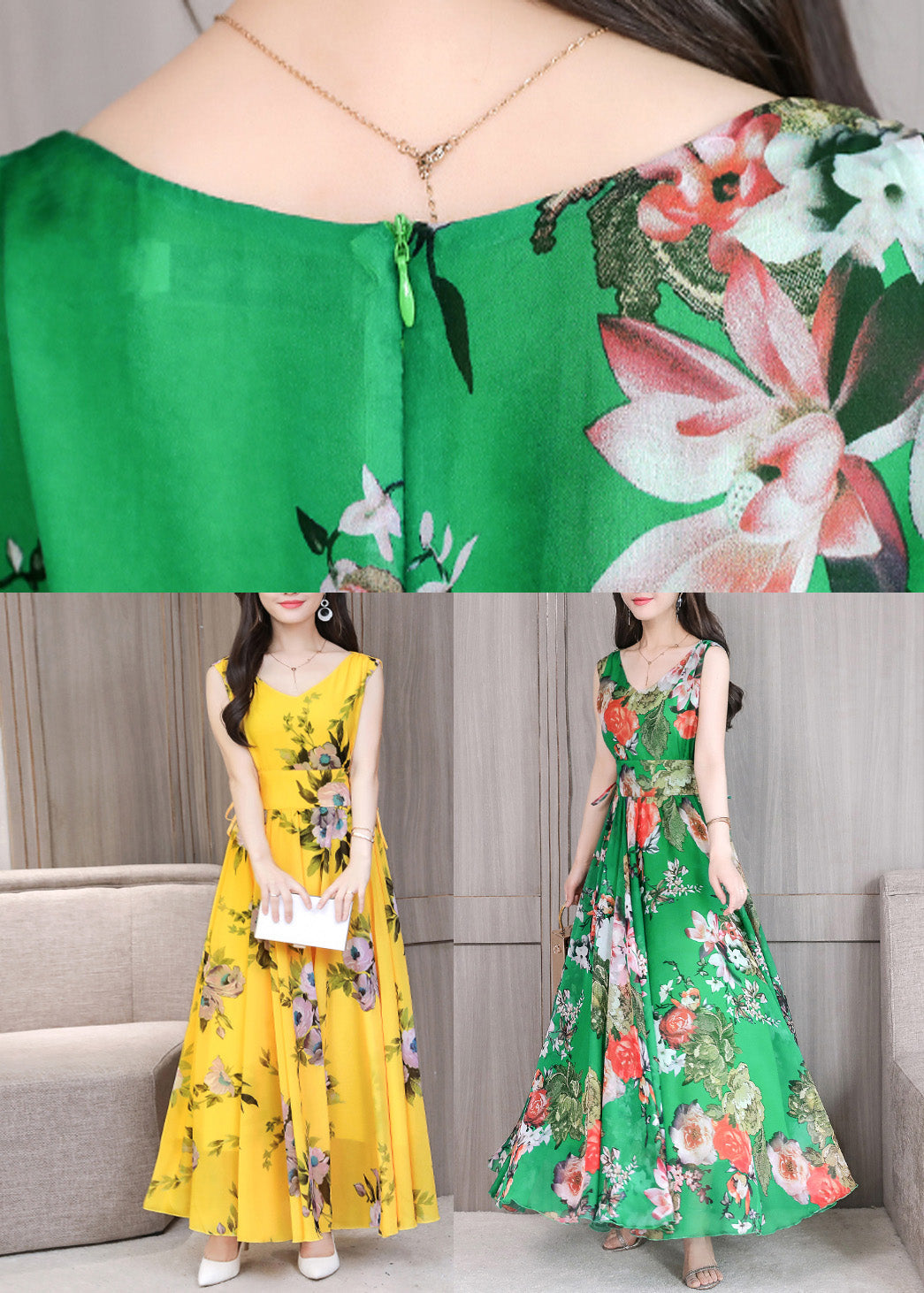 Vogue Yellow V Neck Print Chiffon Long Dresses Summer Ly1715