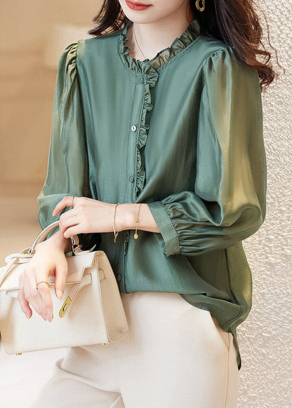 Green Button Chiffon Blouses Ruffled Spring Ab1002