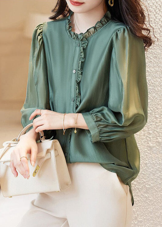 Green Button Chiffon Blouses Ruffled Spring Ab1002