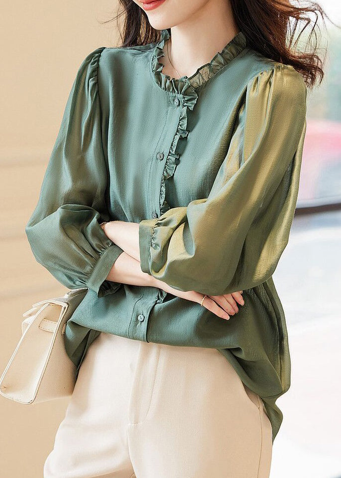 Green Button Chiffon Blouses Ruffled Spring Ab1002