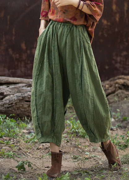 Green Linen Wide Leg Pants Elastic Waist Qe027