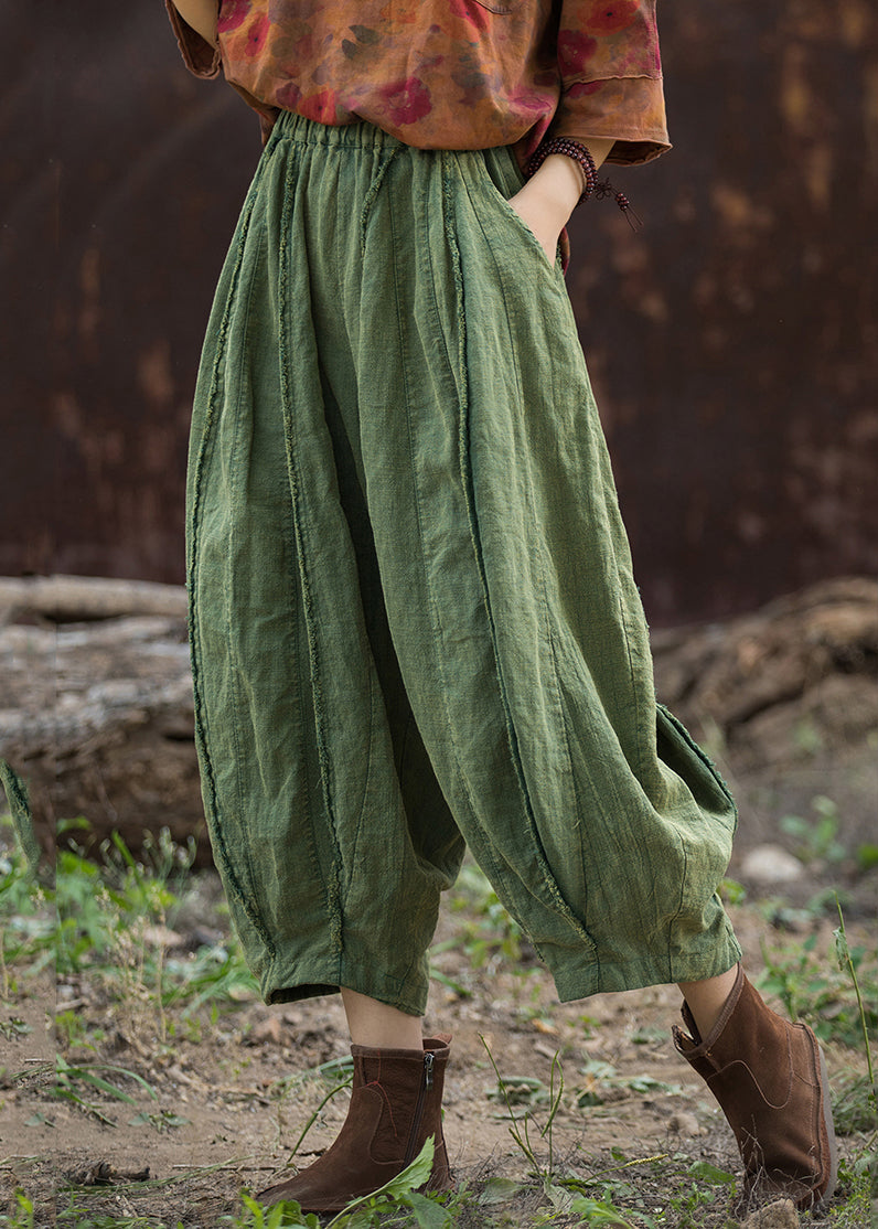 Green Linen Wide Leg Pants Elastic Waist Qe027