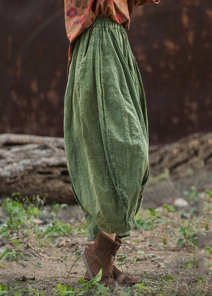 Green Linen Wide Leg Pants Elastic Waist Qe027