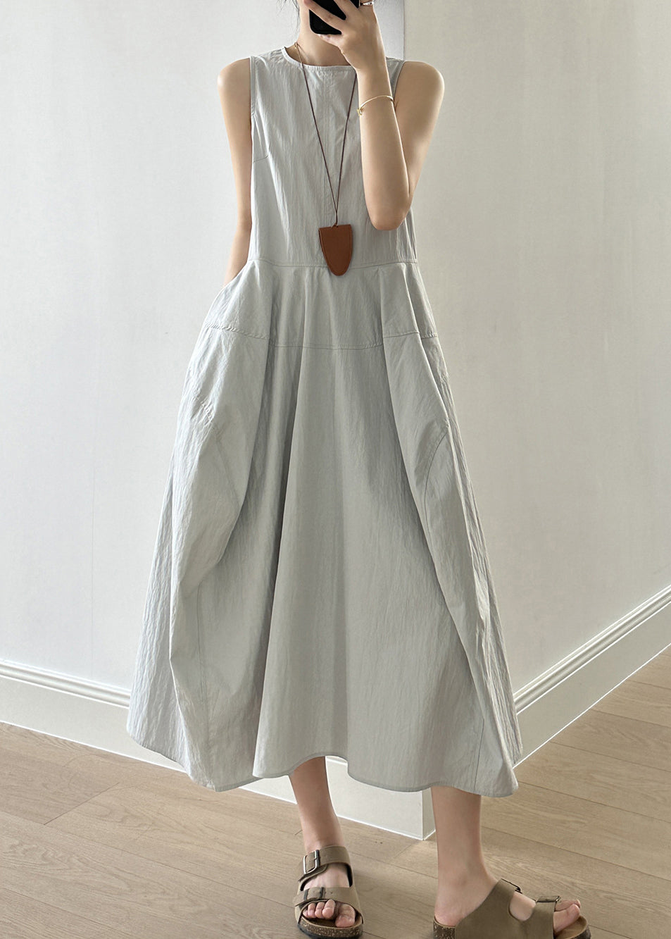 Green Patchwork Cotton Long Dress Zippered Fall Qe010